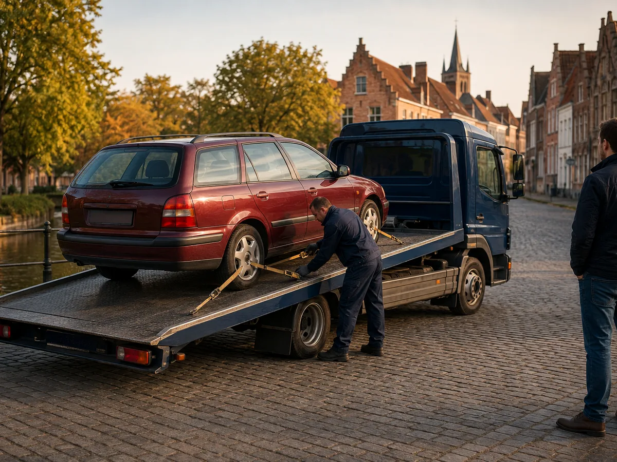 Auto wordt in Brugge op een oprijwagen geladen voor gratis ophaling, met het Belfort en de historische gevels op de achtergrond